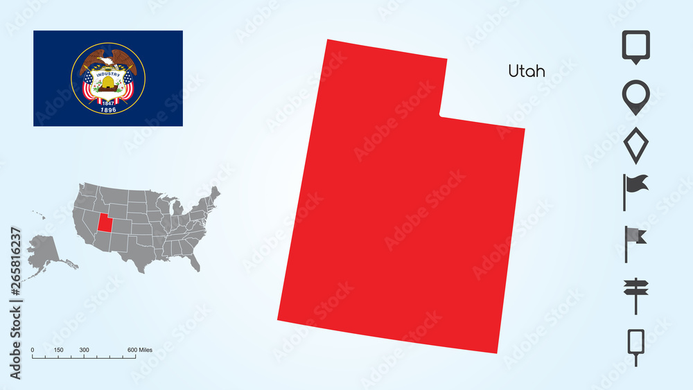 Wall mural map of the united states with the selected state of utah and utah flag with locator collection