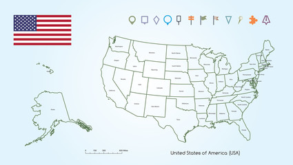 Obraz premium Map of The United States of America Outline For Each Countries With USA Flag And Locator Collection