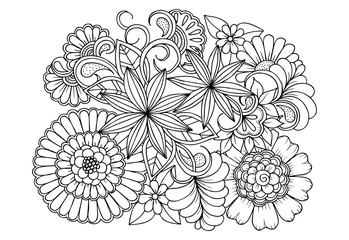 Floral picture in black and white  for adult coloring books. Coloring page of monochrome flowers and leafs. Doodles pattern