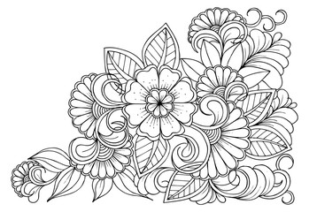 Floral picture in black and white  for adult coloring books. Coloring page of monochrome flowers and leafs. Doodles pattern