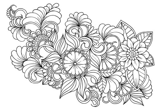 Floral picture in black and white  for adult coloring books. Coloring page of monochrome flowers and leafs. Doodles pattern