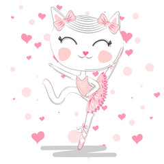 Hand drawn beautiful, lovely, little ballerina with cat.