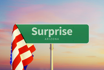Surprise – Arizona. Road or Town Sign. Flag of the united states. Sunset oder Sunrise Sky