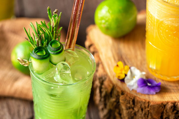 Close up of citrus fruit smoothie with stylish decoration