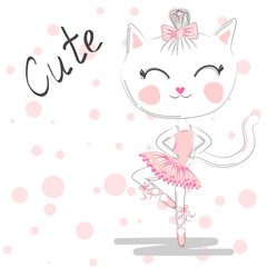 Hand Drawn Cute Cat, ballerina illustration, children print