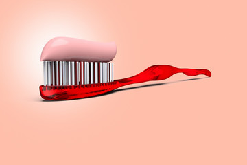 3D rendering of a red toothbrush with toothpaste on a red background