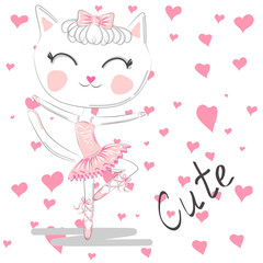 Cute dancing cat in a pink dress on blue background. Ballerina love dancing.