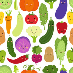 Cute Eat Veggies seamless background with smiling cartoon characters of vegetables