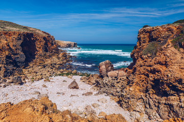 Praia da Bordeira beach near Carrapateira, Portugal. Praia da Bordeira is a part of famous tourist region of Algarve, Portugal. Amazingly beautiful wild beach Bordeira, next to Carrapateira, Algarve.