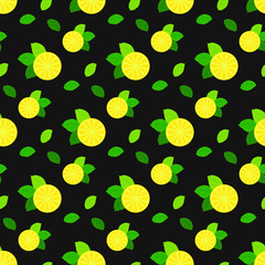 Seamless pattern with citrus fruits. Lemon and mint on black background.