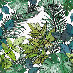 Seamless pattern with green foliage, branches and leaves