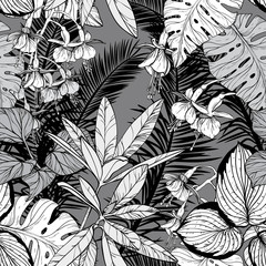 Seamless pattern with foliage, branches and leaves. Black and white