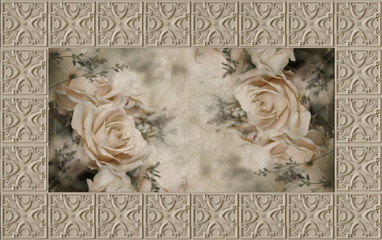 Fototapety  3d wallpaper, ceiling tile and roses, painting decorative ceiling wallpaper backdrop. Ceiling painting and decorating. Fresco effect. 