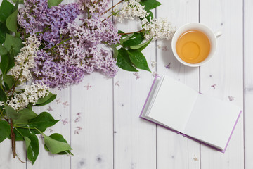 Beautiful branch of white and violet lilac flowers with opened pad, lying on the white wooden background with cup of tea, mock up top flat view with place for your text
