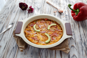 breakfast with omelet and avocado homemade