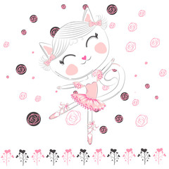 Fototapeta premium Hand drawn beautiful, lovely, little ballerina cat.