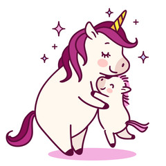 Mother unicorn giving a hug to her baby simple doodle cartoon vector character illustration isolated on white. Love, parenting, Mother's day, happy family, children decor, greeting card design element © Elena