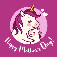 Mother unicorn giving a hug to her baby simple doodle cartoon vector character illustration isolated on white. Happy Mother's day holiday, love, parenting, happy family, greeting card design element