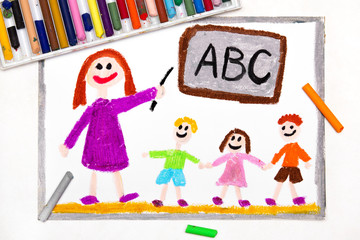Fototapeta na wymiar Colorful drawing: teacher and students in the classroom. Teaching children the alphabet