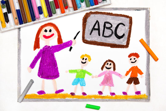 Colorful drawing: teacher and students in the classroom. Teaching children the alphabet