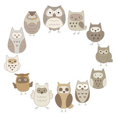 Round frame illustration of various owls.