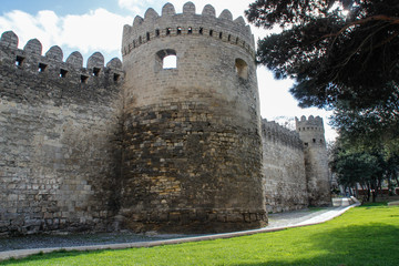 Fototapeta premium Baku, Azerbaijan: April 15, 2017: Medieval walls of a stone fortress in the old city of the capital.