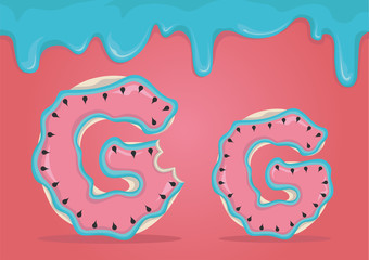 Whole and bitten delicious Latin letters G in the form of cookies with watermelon icing.