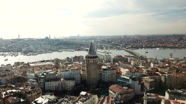 Galata tower in Istanbul, Turkey. Aerial drone shot from above, city centre, downtown. Sunset.
