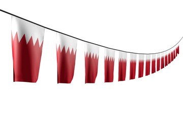 nice many Bahrain flags or banners hangs diagonal with perspective view on string isolated on white - any celebration flag 3d illustration..