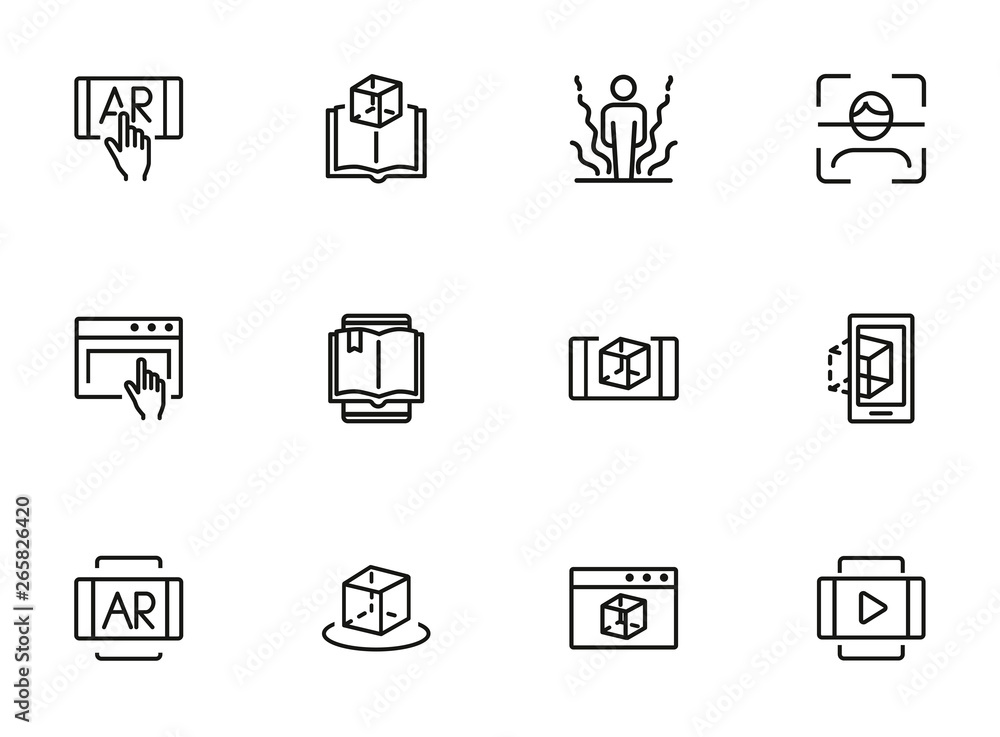 Poster augmented reality line icon set. smartphone, games, book reader. modern technology concept. can be u