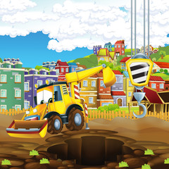 cartoon scene with diggers on construction site father and son - illustration for the children