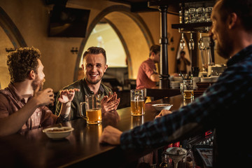 Cheerful friends drinking draft beer in a pub