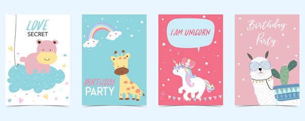 pastel card with unicorn,llama,giraffe