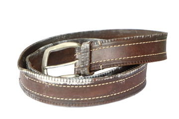Close up dirty brown dark leather belt that have fungus on white background. Because keep in moist area. It is unhealthy for people.