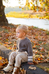 Happy childhood. Childhood memories. Child autumn leaves background. Warm moments of autumn. Toddler boy blue eyes enjoy autumn. Small stylish baby toddler on sunny autumn day. Kids fashion