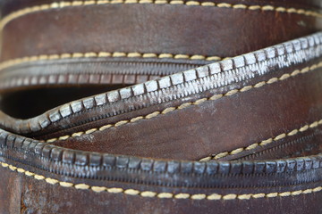 Close up texture of dirty brown dark leather belt that have fungus. Because keep in moist area. It is unhealthy for people.