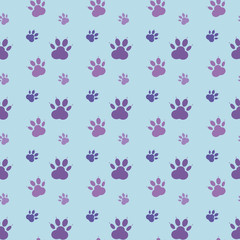 Paw pattern. Abstract backdrop. Silhouettes of paw, cat's feet, dog's footprint. Purple paws on a blue background. Seamless wallpaper.