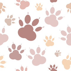 Paw pattern. Seamless backdrop silhouettes of paw, cat's feet, dog's footprint. Pastel pink and nude colors on a white background. 