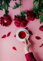 Female hand and cup with tea near peony flower