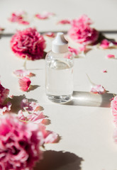dianthus petals and perfume bottle with natural shadows