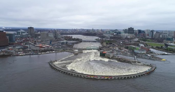 Slow Motion drone footage over Chaudiere Bridge during the Ottawa Flood 2019.