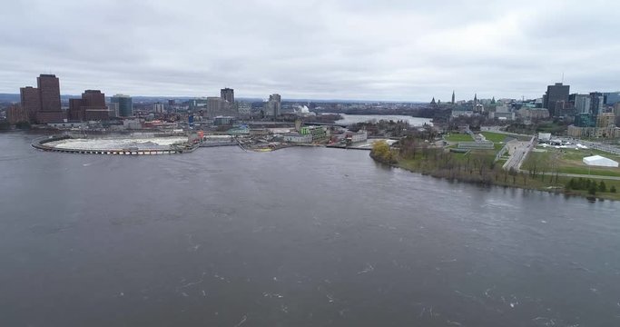 Rising drone footage over the flooded Ottawa River in the 2019 Ottawa Flood.
