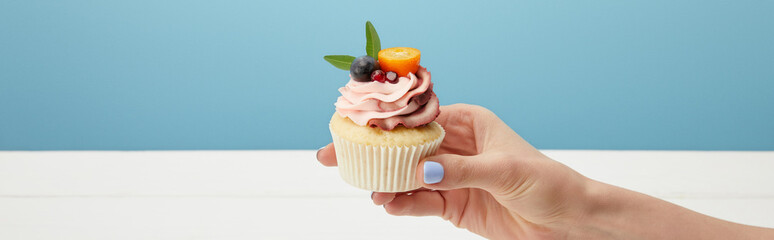 panoramic shot of woman holding cupcake with fruits and cream isolated on blue