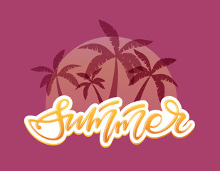 Fototapeta na wymiar Summer Party Vibes - hand drawn doodle lettering label with palm tree