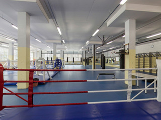 Empty modern fight club with punching bags, horizontal bars and rings for practicing martial arts