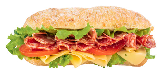 Ciabatta sandwich with lettuce, tomatoes prosciutto and cheese isolated on white background