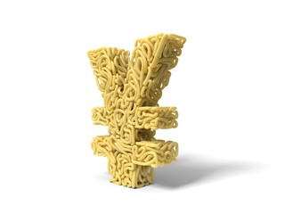 noodle in shape of yuan symbol. curly spaghetti for cooking. 3d illustration
