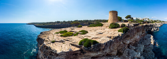 Aerial view, Cala Pi bay, beach and rocky coast, Torre de Cala Pi, Llucmajor municipality,...