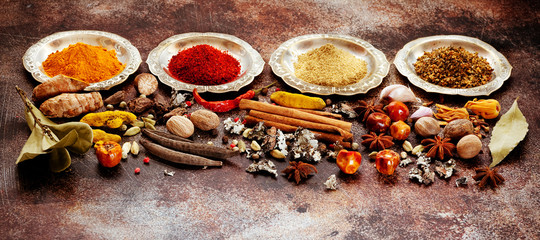 Indian Spices, spicy and seasonings in bowls, top view  flat lay.  spice banner