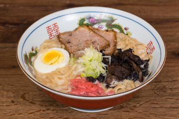 Ramen tonkotsu with pork, soy milk, pork broth,.black mushrooms, eggs, onions